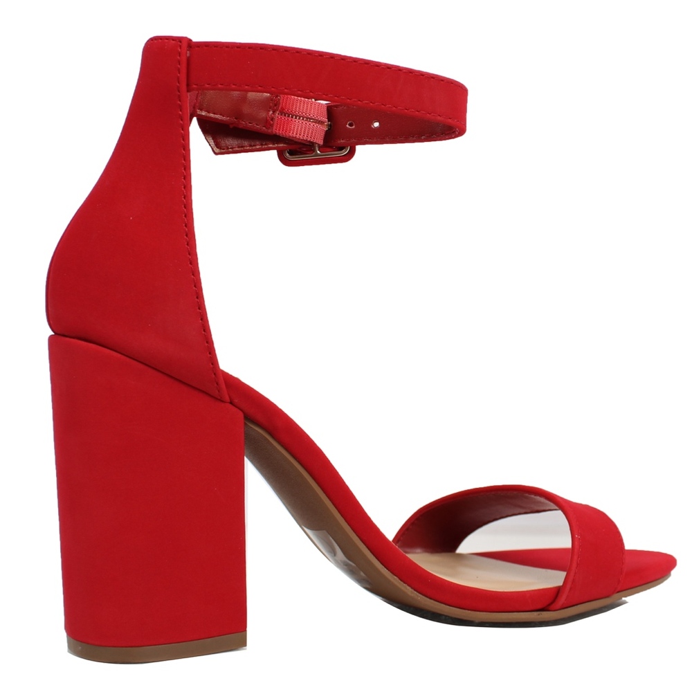 Red Faux Nubuck Leather Open Toe Ankle Strap Heel - Picture 3 of 6